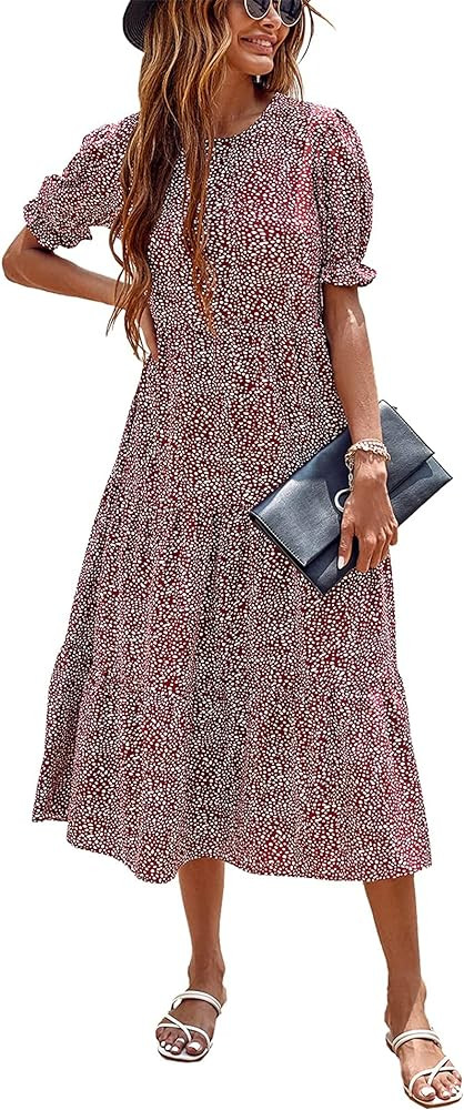 PRETTYGARDEN Women's Summer Casual Boho Dress Floral Print Ruffle Puff Sleeve High Waist Midi Bea... | Amazon (US)