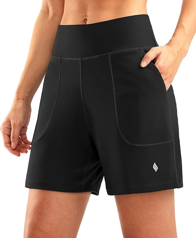 SANTINY Women's 6'' Athletic Long Shorts with 4 Pockets High Waisted Bermuda Shorts for Women Wal... | Amazon (US)