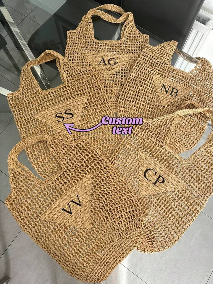 (Customized) 1pc Personalized Embroidery Versatile Large Capacity Hollow Straw Tote Bag, Pastel Candy Color Shoulder Handbag, Handwoven Beach Bag, Mother's Day Gift | SHEIN