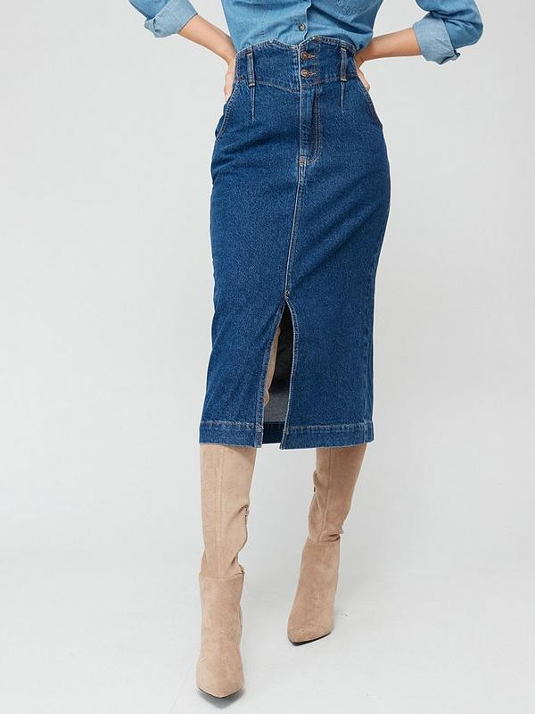 V by Very High Waist Denim Midi Skirt - Dark Wash | Very (UK)