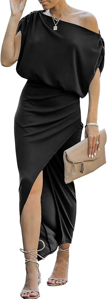 ANRABESS Women's Off The Shoulder Summer Short Sleeve Wrap Slit Bodycon Maxi Elegant Dress | Amazon (US)