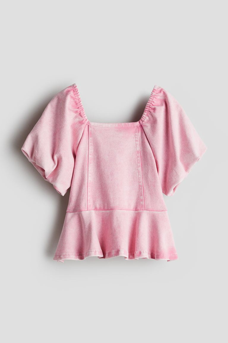 Denim-look Peplum Blouse - Square Neckline - Short sleeve - Light pink - Kids | H&M US | H&M (US + CA)
