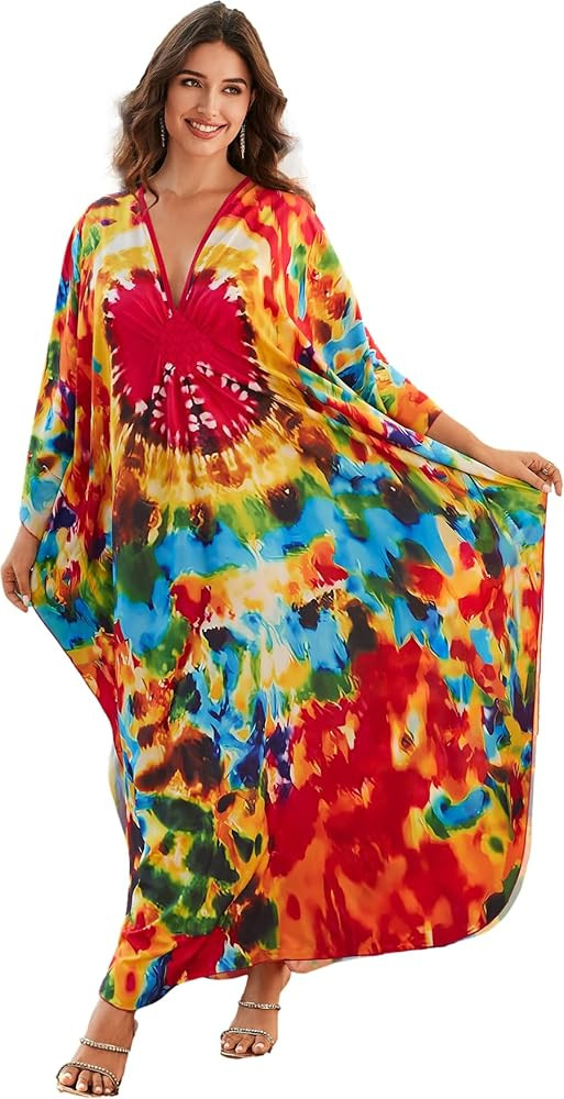 Kaftan Dresses for Women Wave Neck Swimsuit Cover Up Caftan Dress Plus Size Oversized Long Beach ... | Amazon (US)