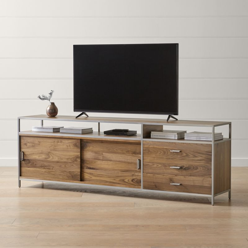 Knox Nickel Trim and Walnut 90" Media Console + Reviews | Crate & Barrel | Crate & Barrel