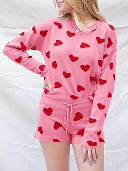 Saodimallsu Women’s Valentine's Day Pajama Set Hearts Print Lounge Sets Long Sleeve Sweater and... | Amazon (US)