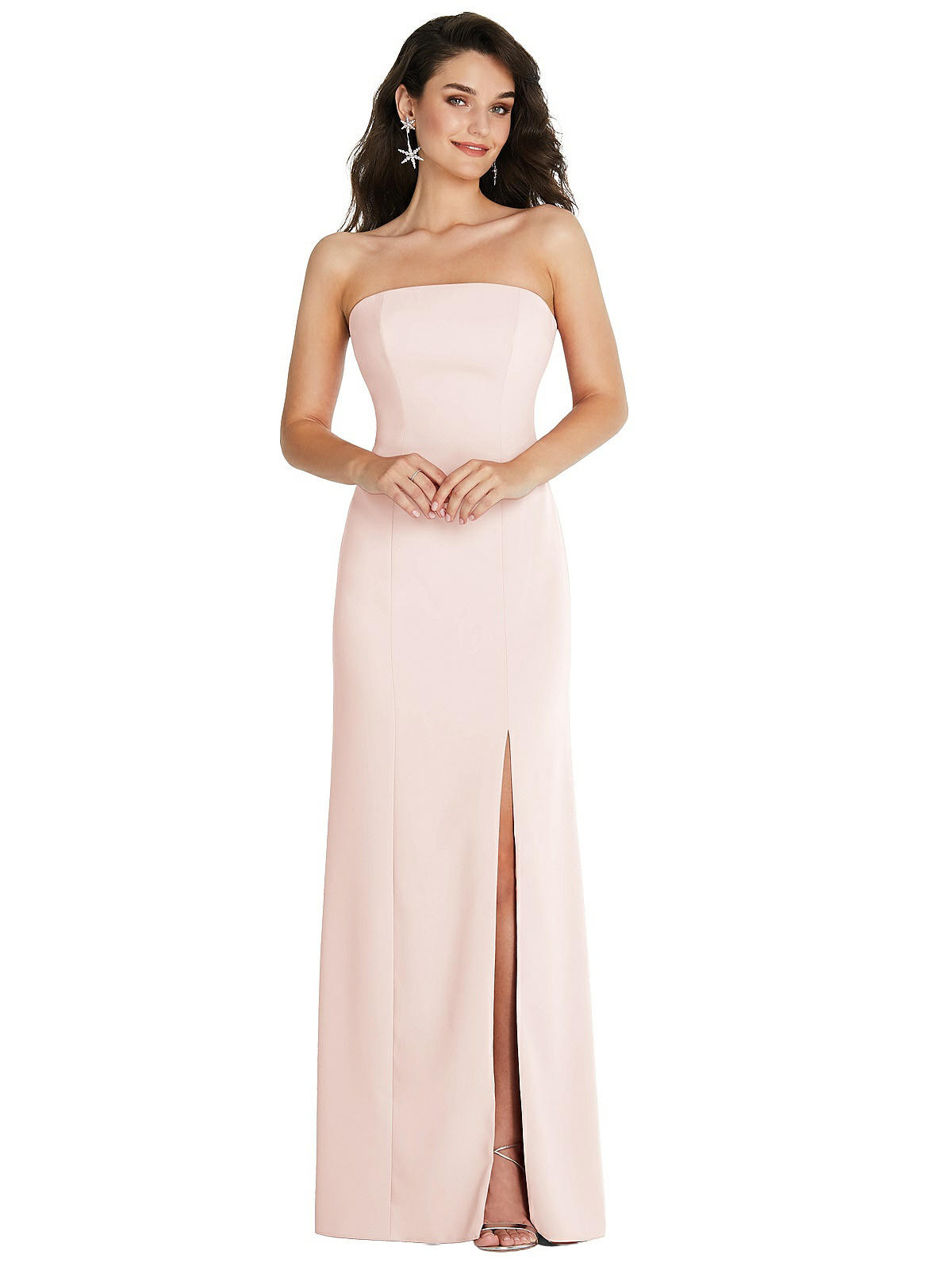 Strapless Scoop Back Maxi Dress with Front Slit in Blush | The Dessy Group