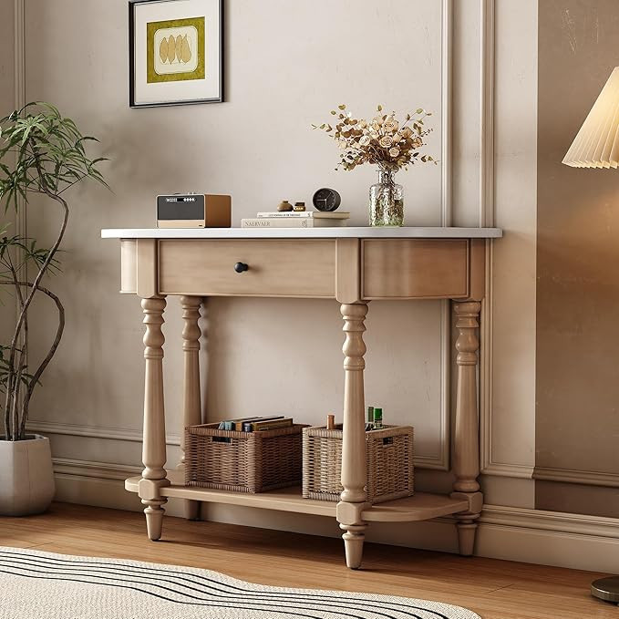RuiSiSi 36“ Console Table with Drawer, Solid Wood Corner-Curved Sofa Table with Top Drawer and ... | Amazon (US)