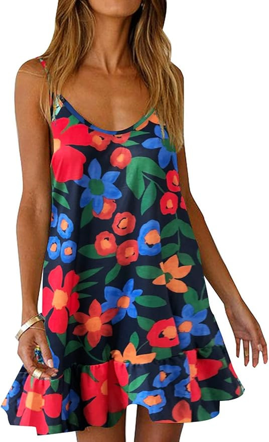 Womens Boho Floral Printed Dress Summer Sleeveless Adjustable Strap Beach Mini Dress with Pockets | Amazon (US)