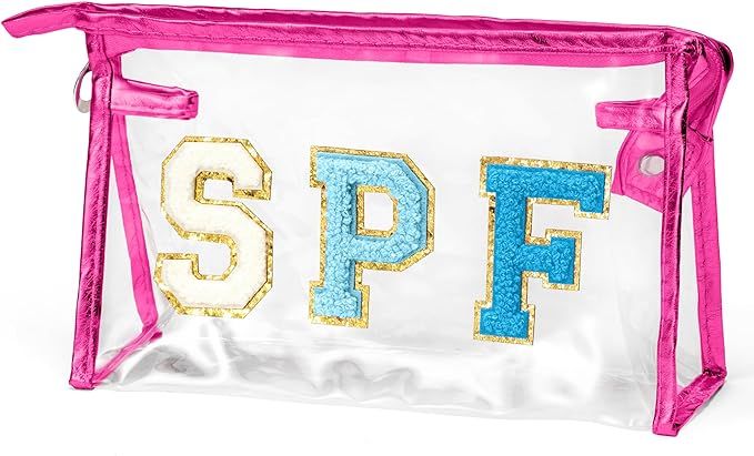 Preppy Patch Cosmetic Bag - Summer SPF Varsity Letter Clear Toiletry Bag Rose Red Aesthetic Water... | Amazon (US)