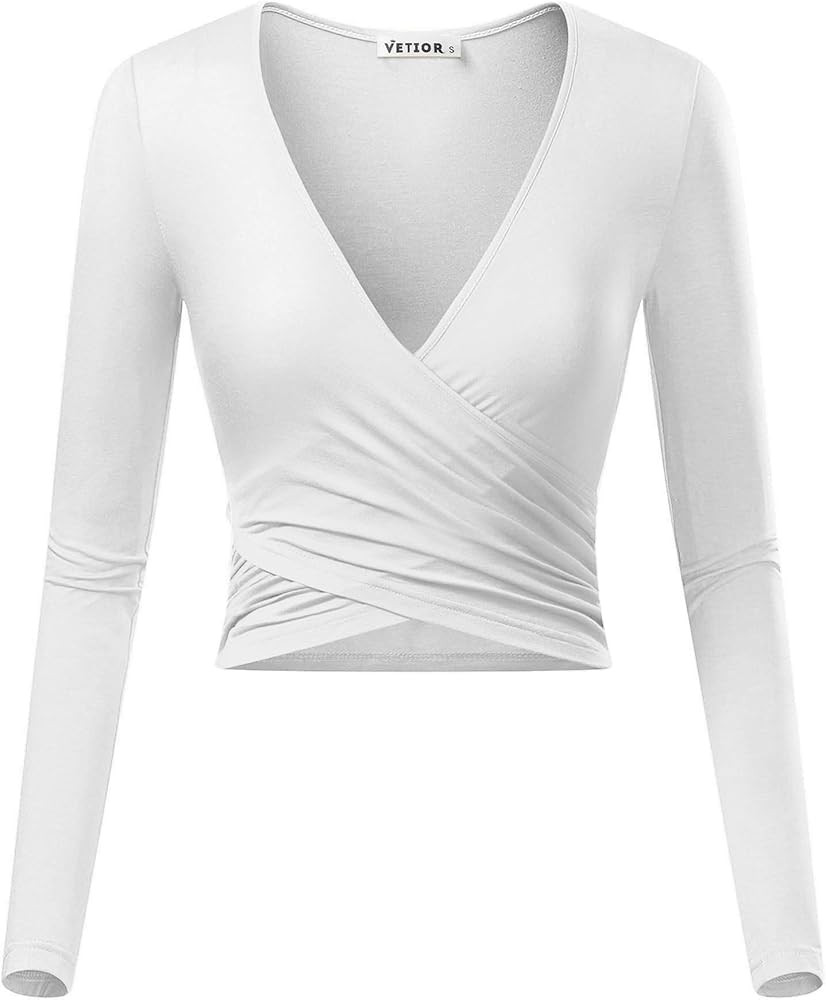 VETIOR Women's Deep V Neck Long Sleeve Unique Slim Fit Cross Wrap Shirts Crop Tops | Amazon (US)