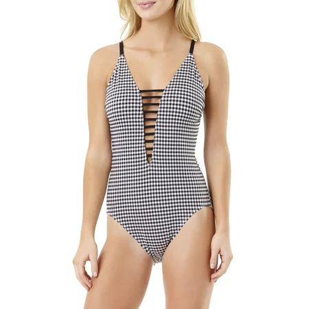 Women's Gingham Strappy V-Neck One-Piece Swimsuit | Walmart (US)