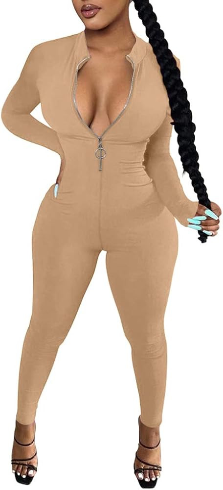 LAGSHIAN Women's Sexy Casual Long Sleeve V Neck Zipper One Piece Bodycon Jumpsuit | Amazon (US)