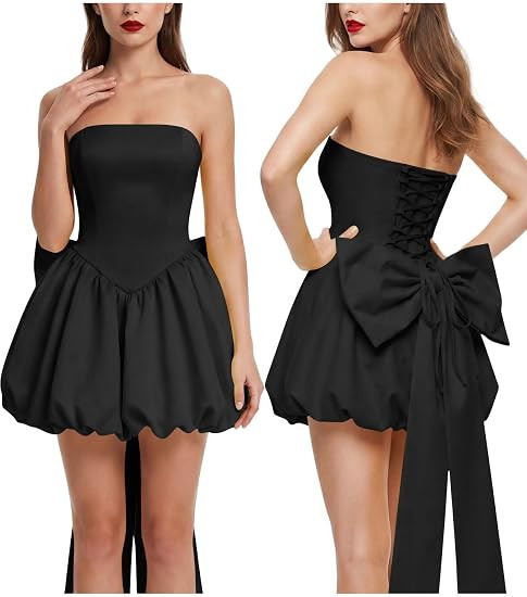 Womens Strapless Bubble Mini Dress Back Lace Up Cute Bow Tie Cocktail Party Homecoming Prom Dress... | Amazon (US)