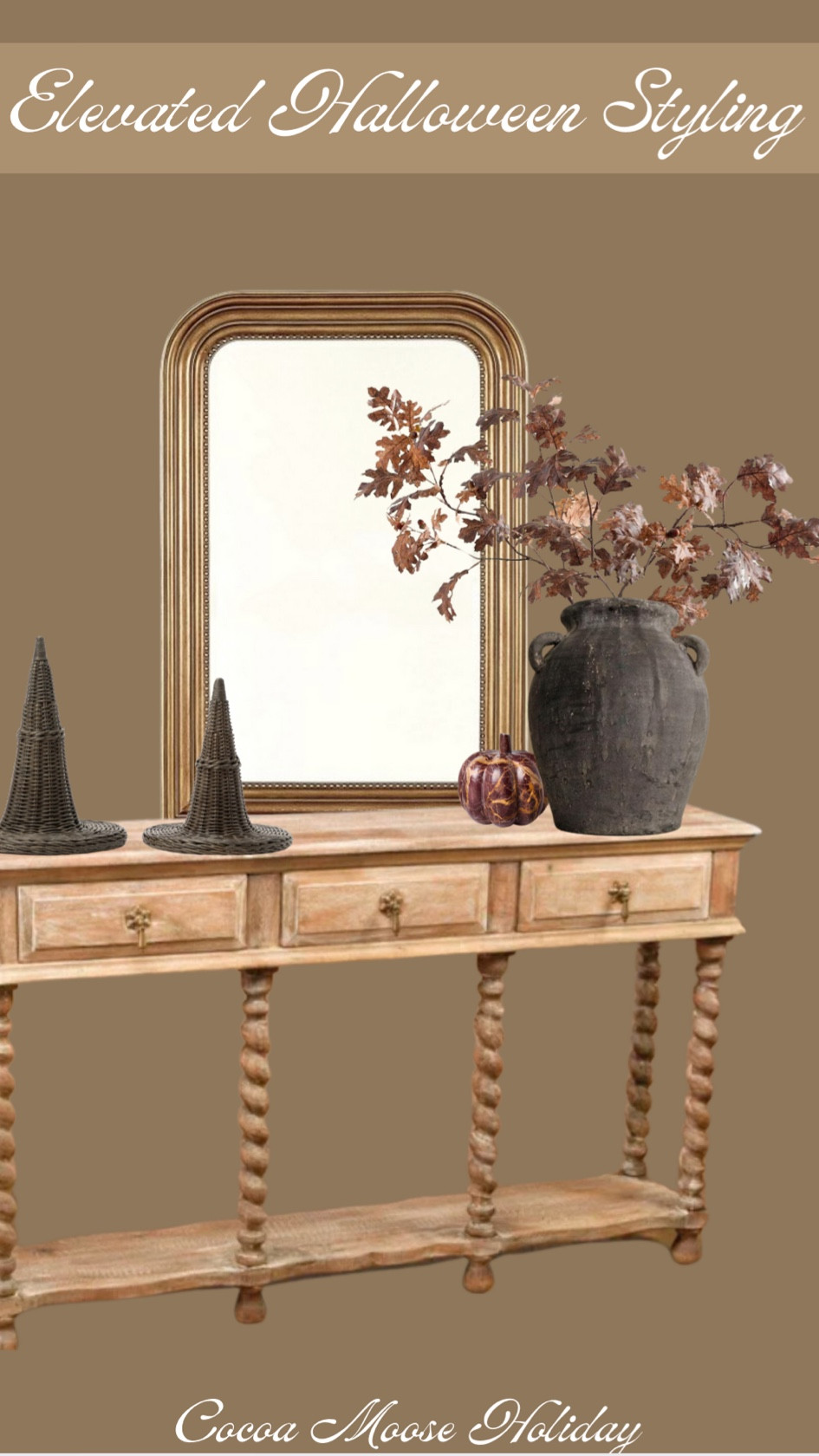 Let me help you style a beautiful elevated Halloween console table! The mirror and the console table are so stunning - I added an Amazon vase, a Target marble pumpkin, some pottery barn faux fall stems that are on major sale, and the McGee and Co witch hats! Halloween decor, Halloween, Halloween living room, Halloween table, elevated styling, fall decor, fall living room, antique table, McGee and go, target, pottery barn, Amazon finds 

#LTKHome #LTKSeasonal #LTKFindsUnder100