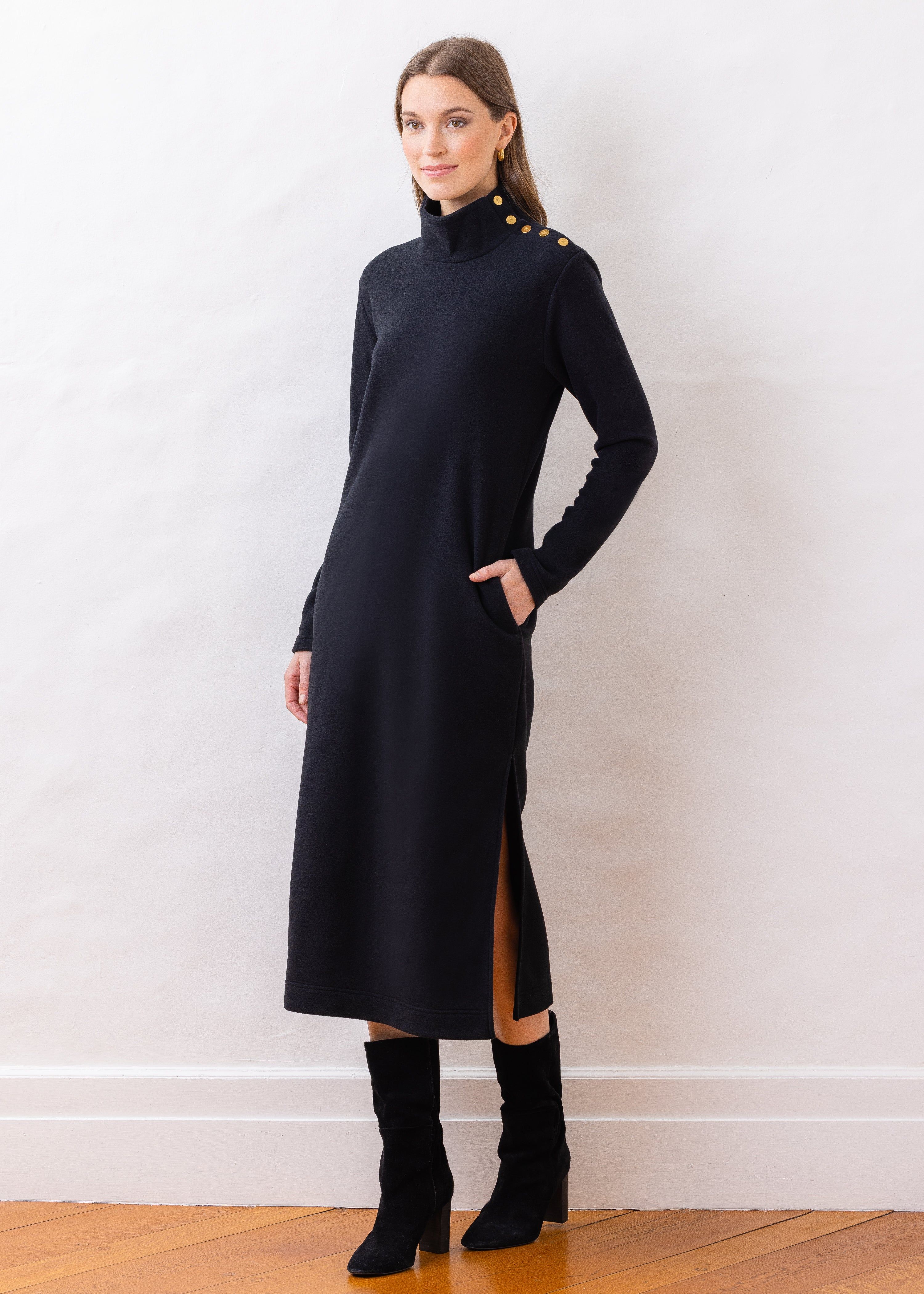 Meadow Maxi Dress in Vello Fleece (Black) | Dudley Stephens