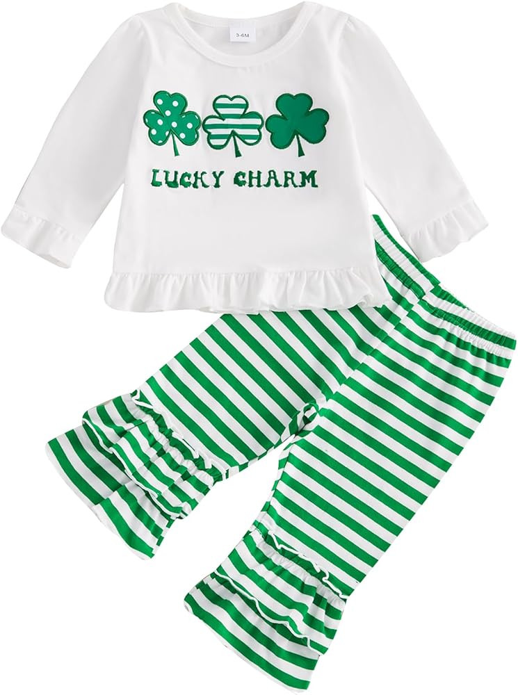 Cute Baby Girl St Patricks Day Outfit Lucky Charm Shamrock Shirt Ruffle Flared Pants Set Toddler ... | Amazon (US)