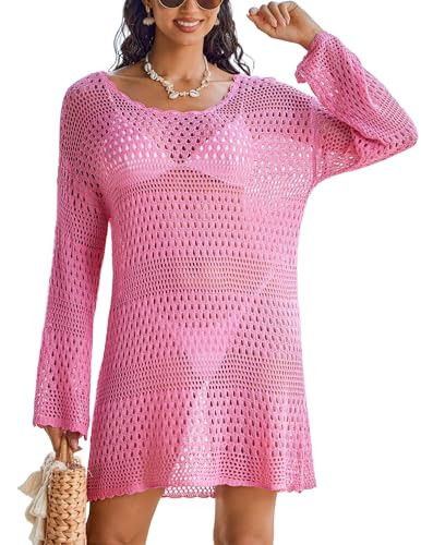 AI'MAGE Womens Swimwear Cover Ups Long Sleeve Cover Up Dress for Women Beach Crochet Cover Ups Peach Pink Large | Amazon (US)