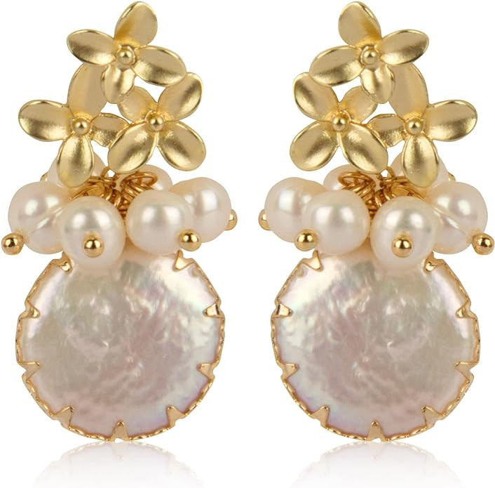 zqhhyy 18k Gold Baroque White Big Pearl Drop Earrings For Women Handmade Trendy Comfy Real Freshw... | Amazon (US)