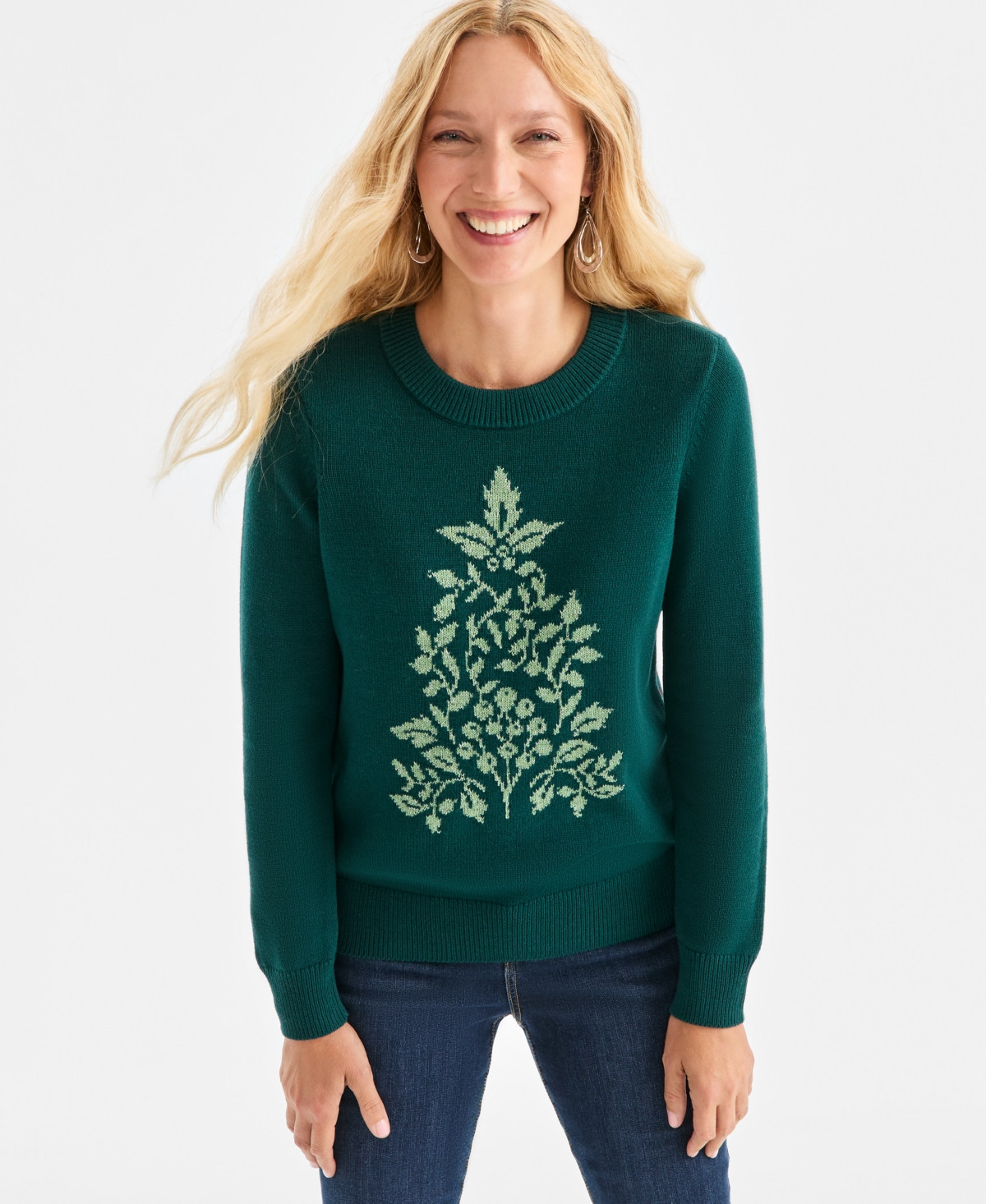 Style & Co Petite Whimsy Long Sleeve Sweater, Macy's Exclusive - Holiday Tree Green | Macy's