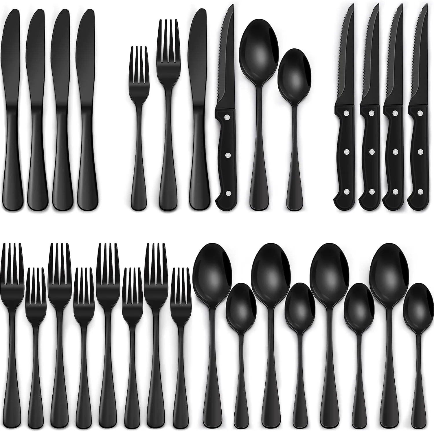 24-Piece Black Silverware Set with Steak Knives, Black Flatware Set for 4, Food-Grade Stainless S... | Walmart (US)
