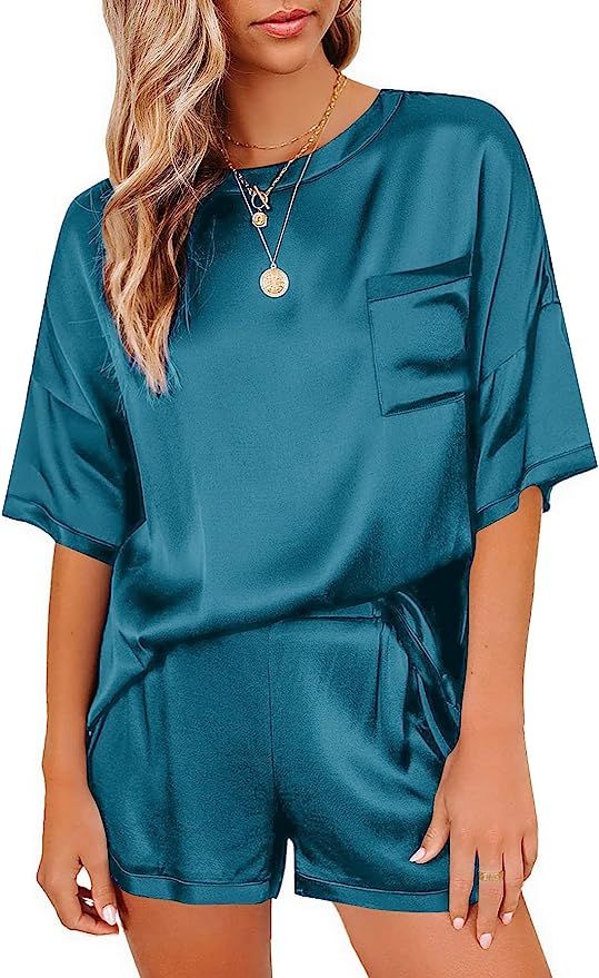 Ekouaer Satin Pajamas for Women Short Sleeve Silk Pajama Sets Soft Sleepwear Top with Causal Pj S... | Amazon (US)