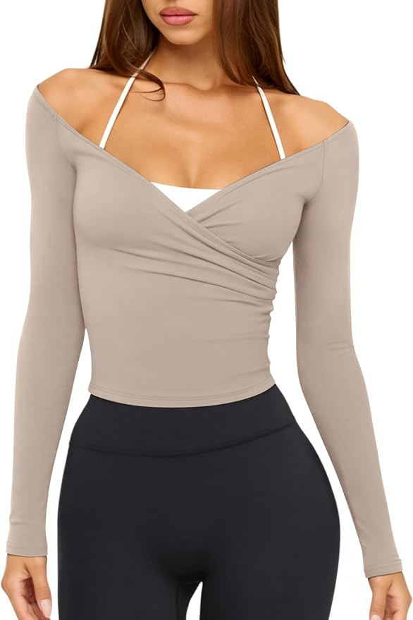 LASLULU Womens V Neck Long Sleeve Workout Tops Cross Wrap Off Shoulder | Amazon (US)