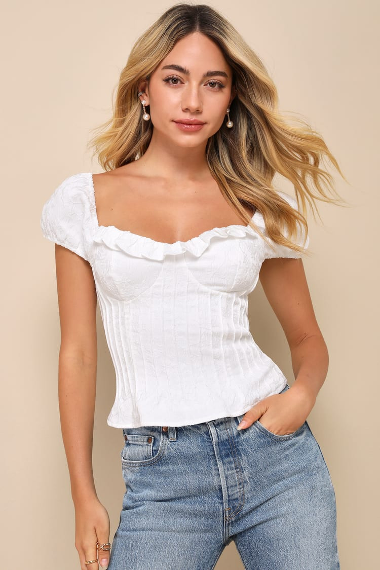 Sweet Poise Ivory Floral Jacquard Lace-Up Puff Sleeve Top | Lulus