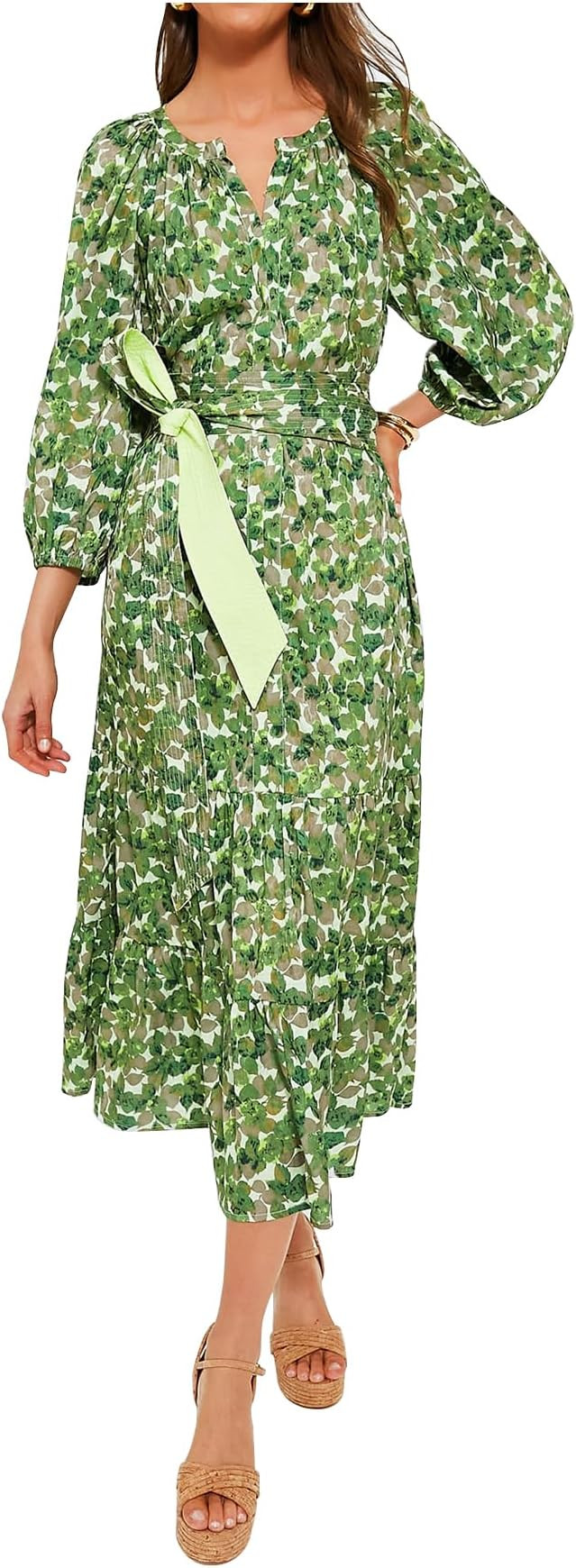 Women's Ruffle Maxi Dress Puff Sleeve Flowy Tiered Long Dress with Belt Elegant Party Dress | Amazon (US)