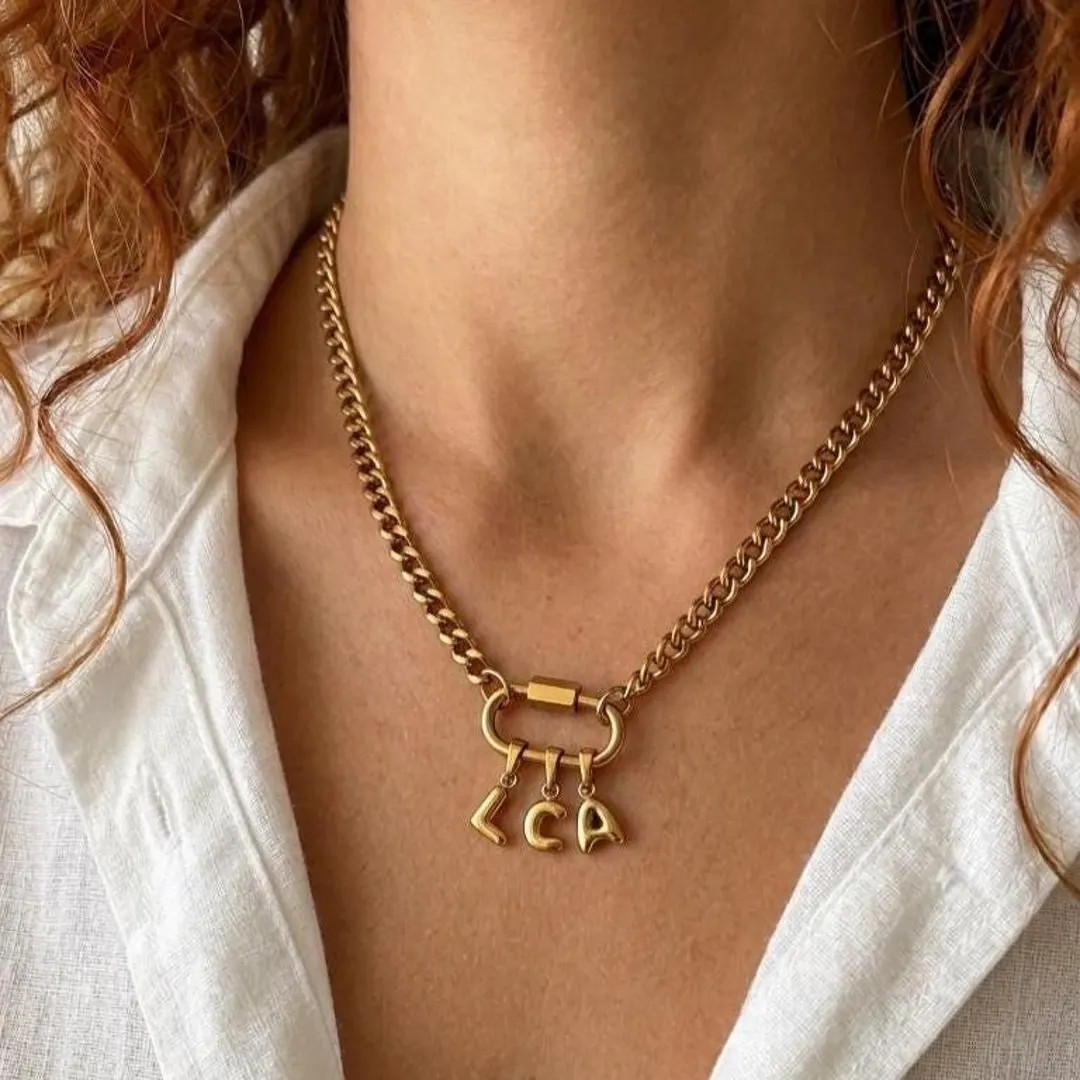 Initial Necklace with Carabiner, Bubble Letter Initials Charm, 18K Personalized Chunky Gold Chain... | Etsy (Global)