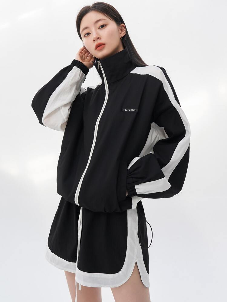 Dazy-Less Letter Patched Contrast Side Seam Zip Up Drawstring Jacket & Track Shorts | SHEIN