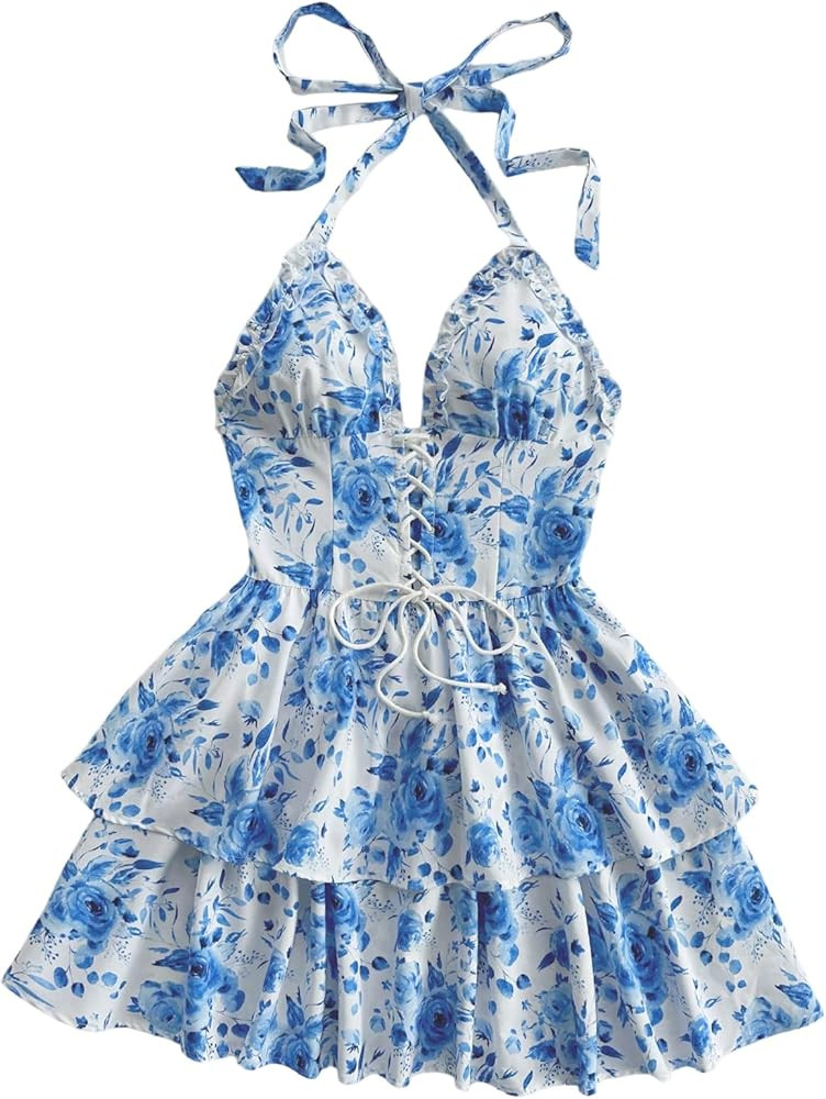 WDIRARA Women's Floral Layered Ruffle Halter Mini Dress Lace Up Tie Backless Deep V Neck A Line D... | Amazon (US)