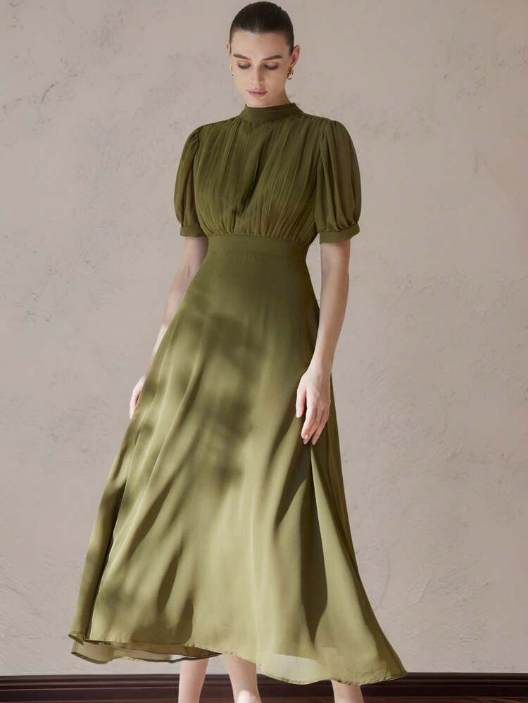 Aveloria Modichic Elegant Women's Chiffon Dress With Pleated Bust Design, Princess Sleeve, Waist Cinched, Flared Skirt, Minimalist & Versatile For Commuting, Knee-Length | SHEIN