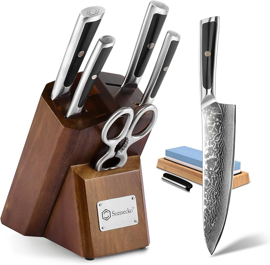 Sunnecko Damascus Kitchen Knife Set - Sharp Kitchen Knife Set of 7pcs with Japanese Damascus Stee... | Amazon (US)