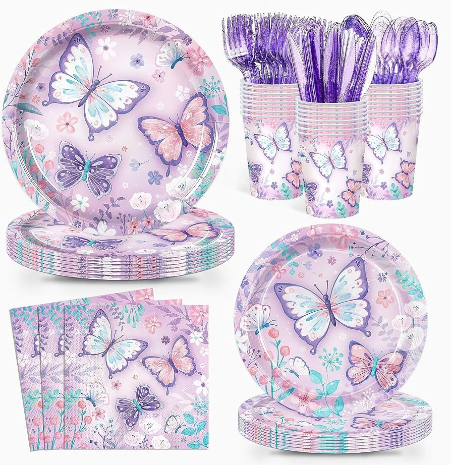 168pcs Butterfly Party Decorations Paper Plates Napkins Cups, Purple Disposable Tableware Set Flo... | Amazon (US)