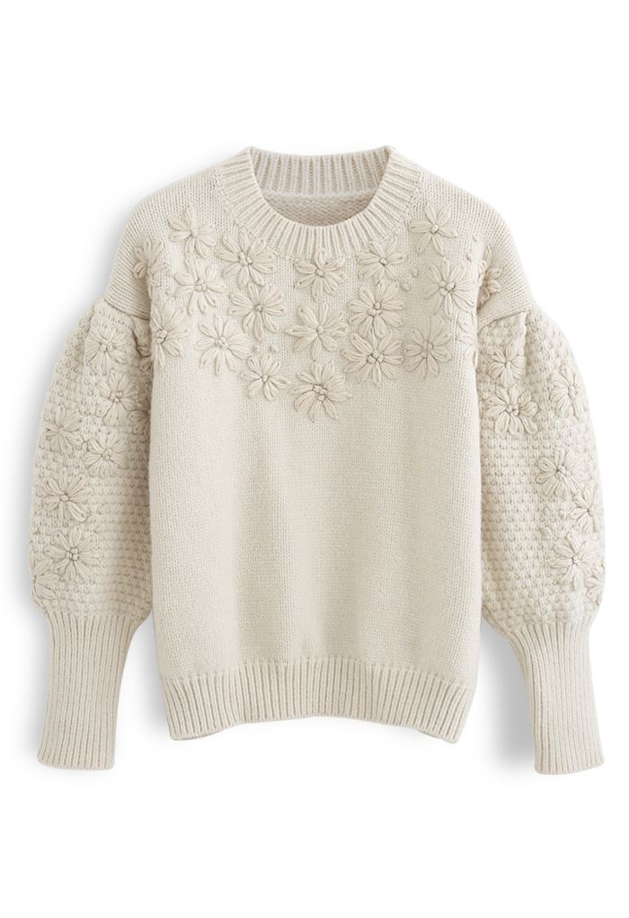 Flowers Stitched Puff Sleeves Knit Sweater | Chicwish