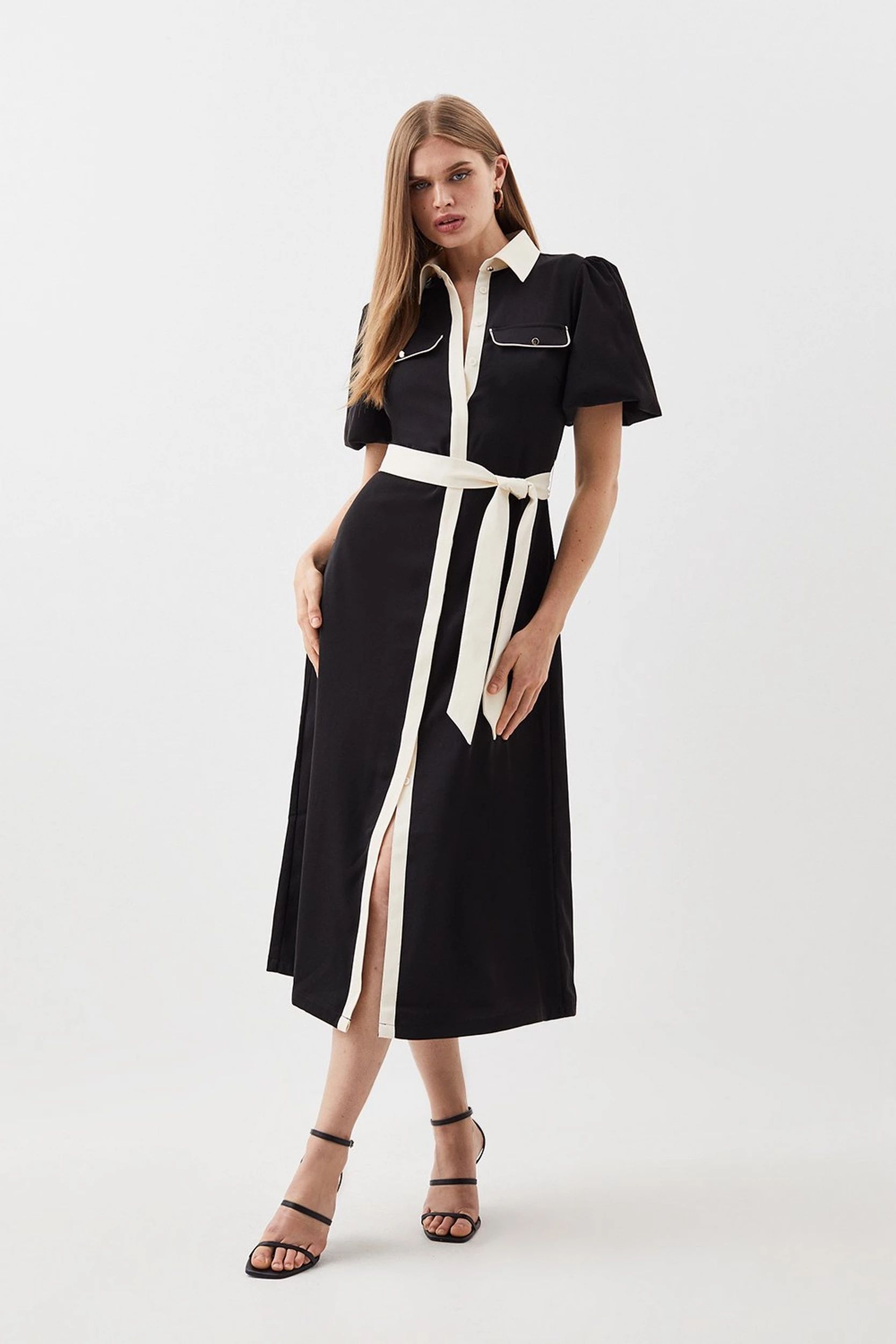 Belted Twill Short Sleeve Midi Dress | Karen Millen UK + IE + DE + NL