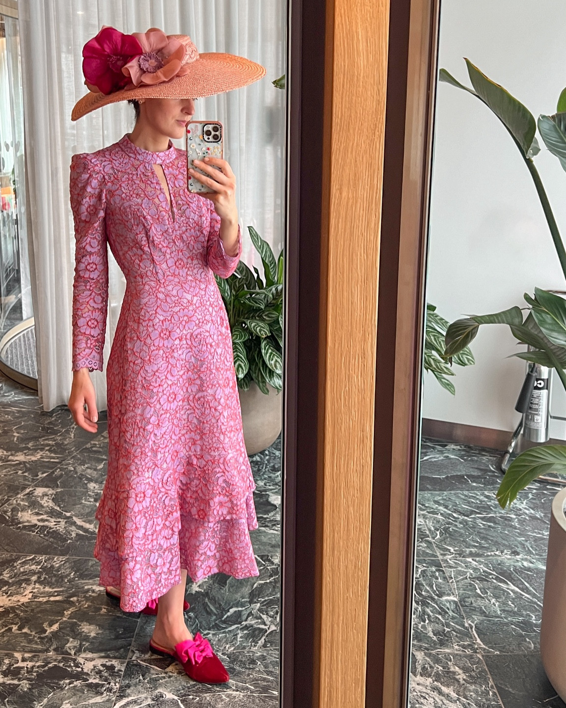 Summer season incoming in this mauve midi dress with coral lace florals 🤍 hat is bespoke VV Rouleaux  

#LTKuk #LTKsummer #LTKwedding