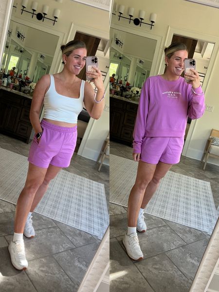 Saturday comfy lounge outfit. 💗
The comfiest lounge shorts oMG. 10/10. So comfy, lightweight terry fabric, stretchy all over + v stretchy waistband. TTS - M 
Comfy lounge sweatshirt TTS - I sized up 1 to the L for an oversized fit. 
Fave amazon cropped tank. Double lined, buttery soft, stretchy, & such a flattering square neckline. TTS - M 


#LTKfit #LTKunder50 #LTKtravel