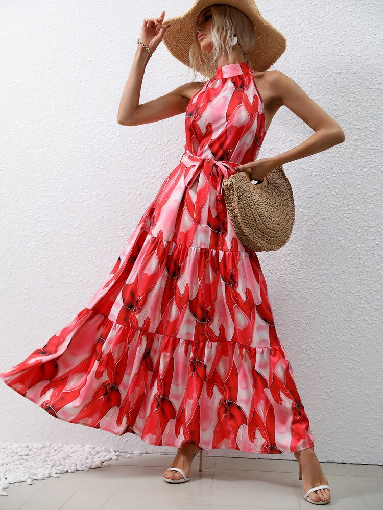 Allover Print Ruffle Hem Belted Halter Dress | SHEIN