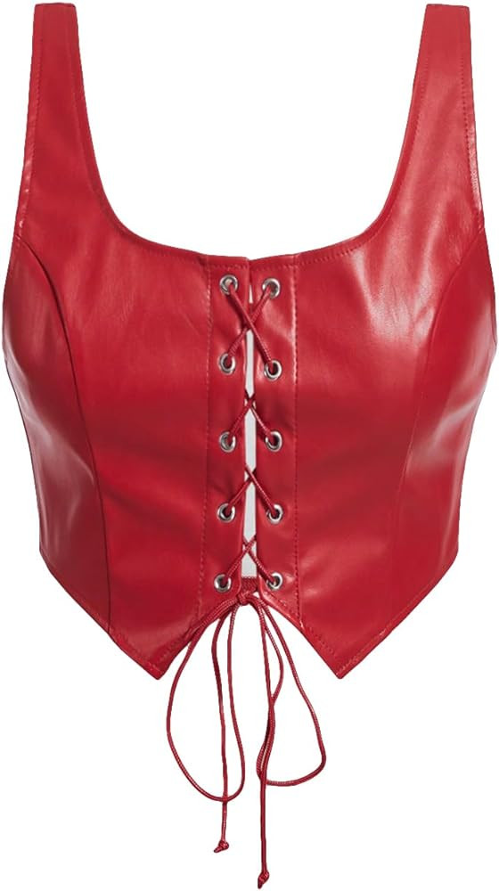 MakeMeChic Women's Faux Leather Top Sleeveless Lace Up PU Leather Crop Tank Top Vest | Amazon (US)