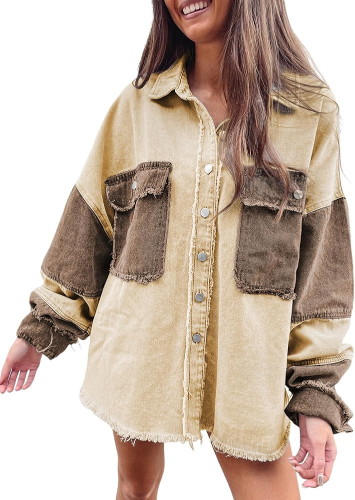 Dokotoo Jean Jacket Women Oversized Patchwork Fashion 2023 Shacket Jacket Women Long Boyfriend Bu... | Amazon (US)