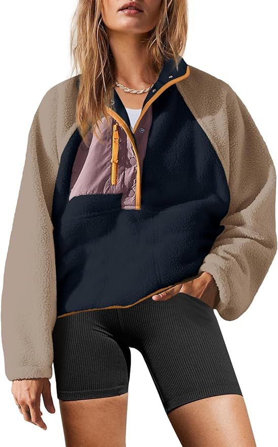 Yanekop Womens Fuzzy Fleece Pullover Sherpa Sweatshirt Long Sleeve Button Down Sweater Jacket wit... | Amazon (US)