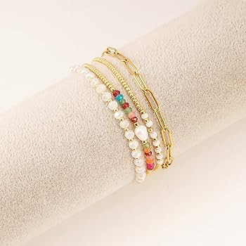 Dainty Gold Pearl Crystal Beaded Bracelets Set for Women 14K Real Gold Plated Bead Pearl Crystal ... | Amazon (US)