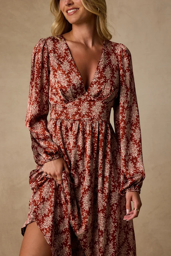 Graceful Impression Rust Red Floral Print Midi Dress | Lulus