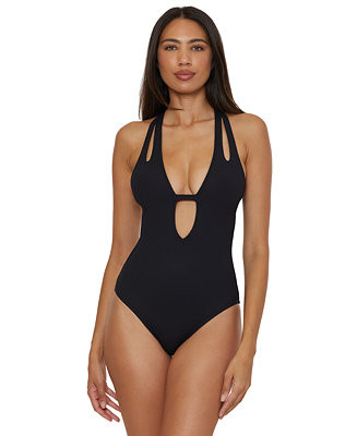 Becca Women's Modern Edge Textured Plunging-Neck Swimsuit - Macy's | Macy's