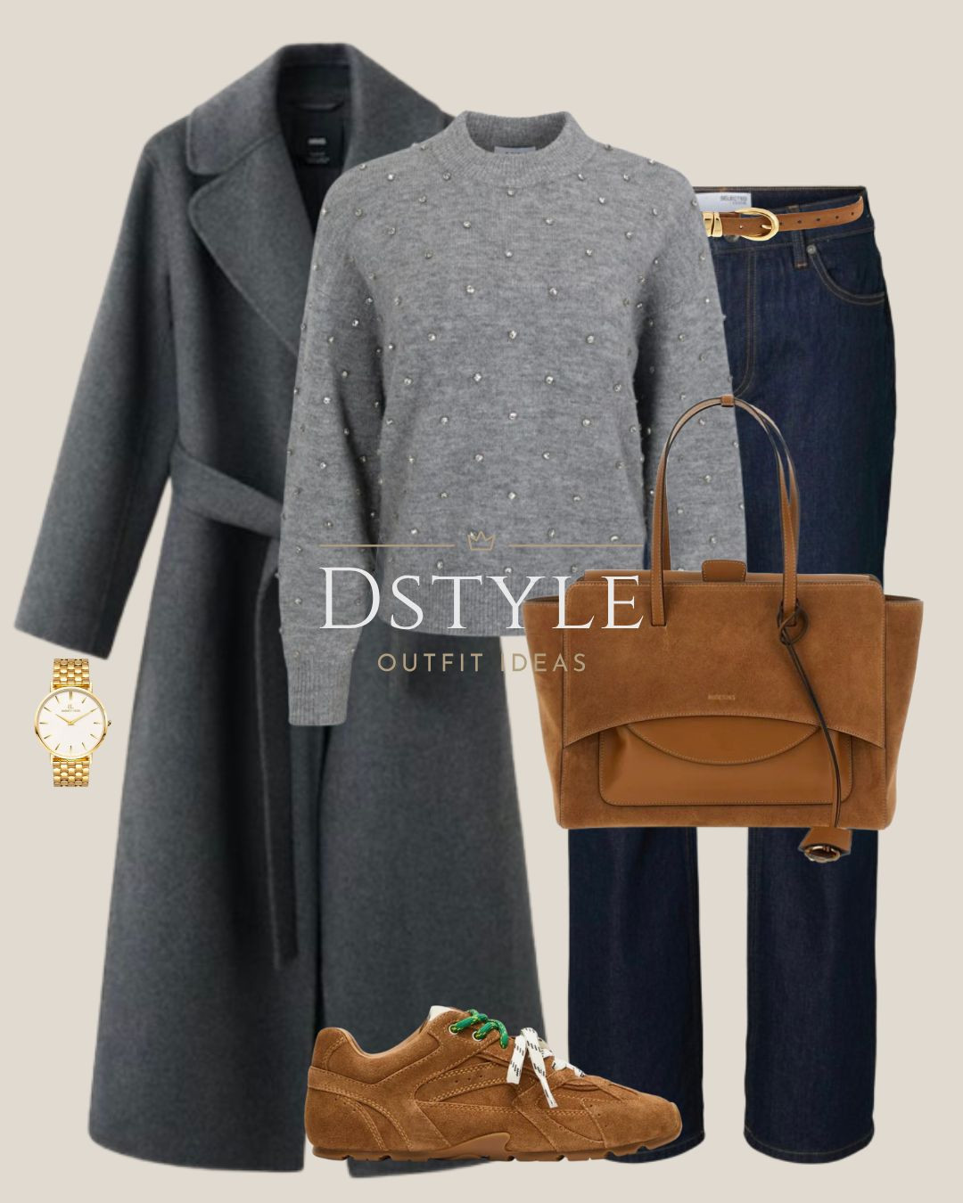Gray & Camel: The Perfect Sophisticated Duo. 🐪🩶 This effortless combination is my formula for a chic look that works for almost any occasion! Featuring a timeless long gray wool coat and a sparkly embellished gray sweater. Paired with dark wash wide-leg denim and warm camel suede accessories. A must-have capsule wardrobe outfit for the cooler months. Tap to shop this gorgeous winter neutral look! 

 #LTKstyletip #GrayCoat #CamelAccessories #SuedeBag #WideLegJeans #WinterNeutrals #ChicStyle #CasualChic #LTKootd #LTKFindsUnder100 #LTKWorkwear