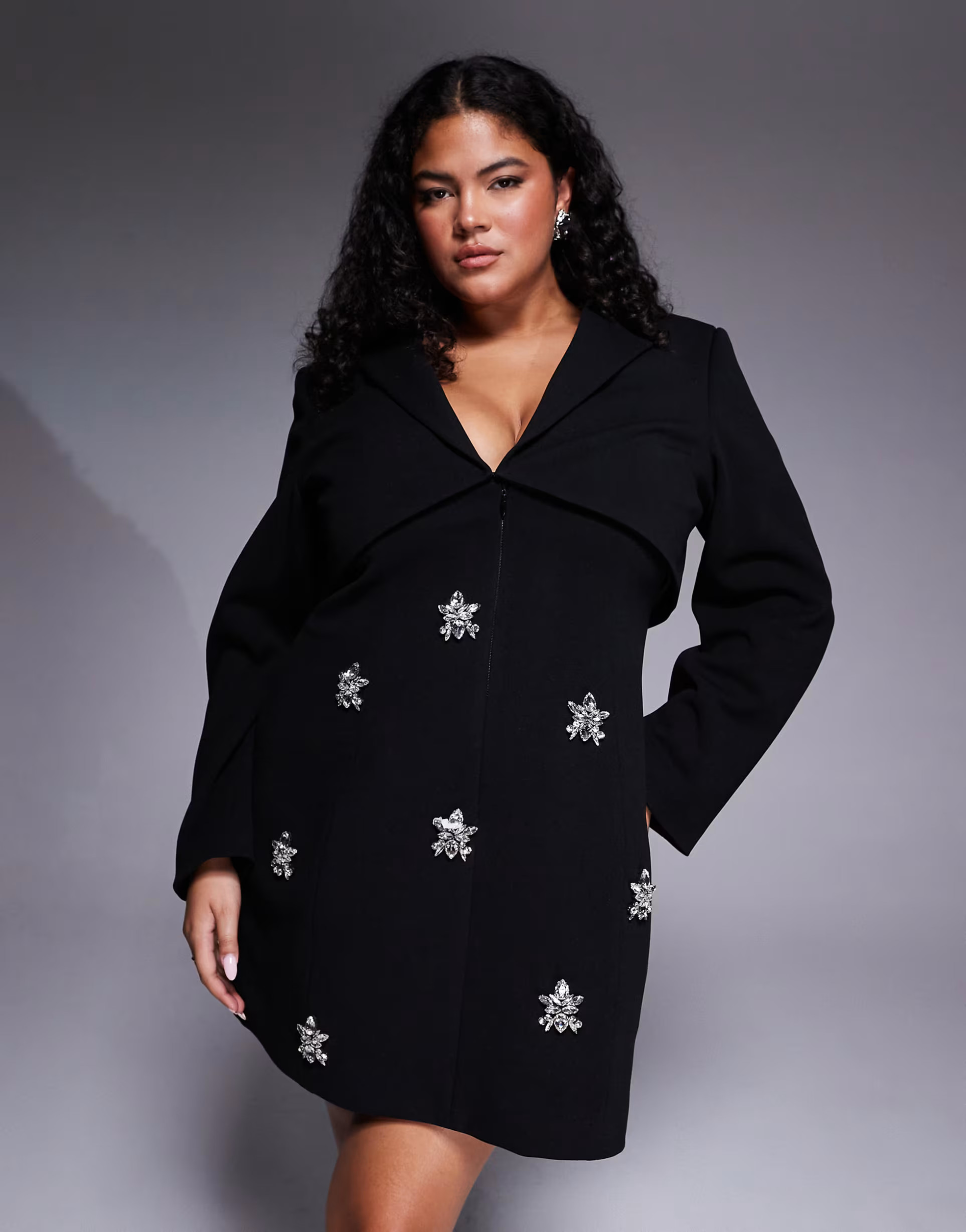 ASOS LUXE Curve structured tailored embellished long sleeve dress in black | ASOS (Global)