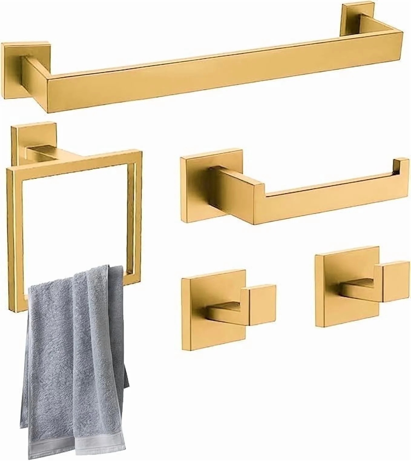 stusgo Gold 5-Piece Square Bathroom Hardware Set with Towel Bar, Hook, Toilet Paper Holder and Ri... | Walmart (US)