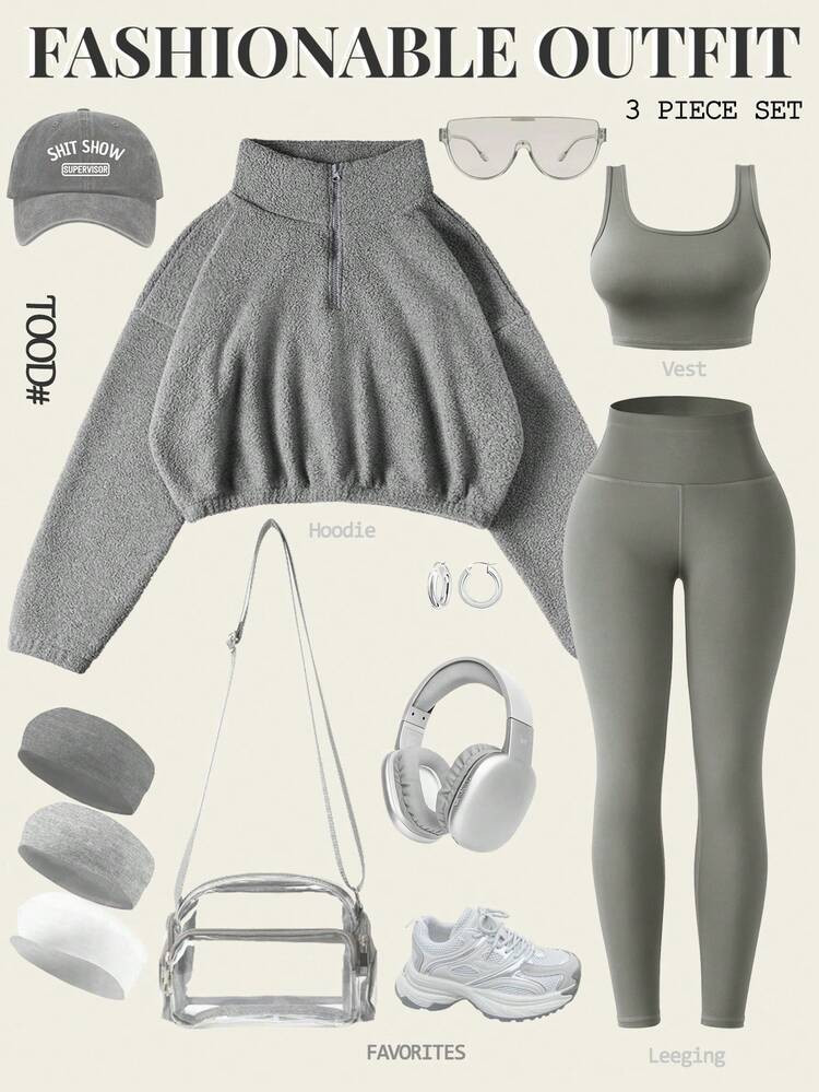 Eassivo Eassivo 3pcs Women Casual Velvet Sports Set, Padded Vest, Leggings & For Workout, Outdoor, Workout Women Setwomen Workout Set Gym Women Outfit | SHEIN