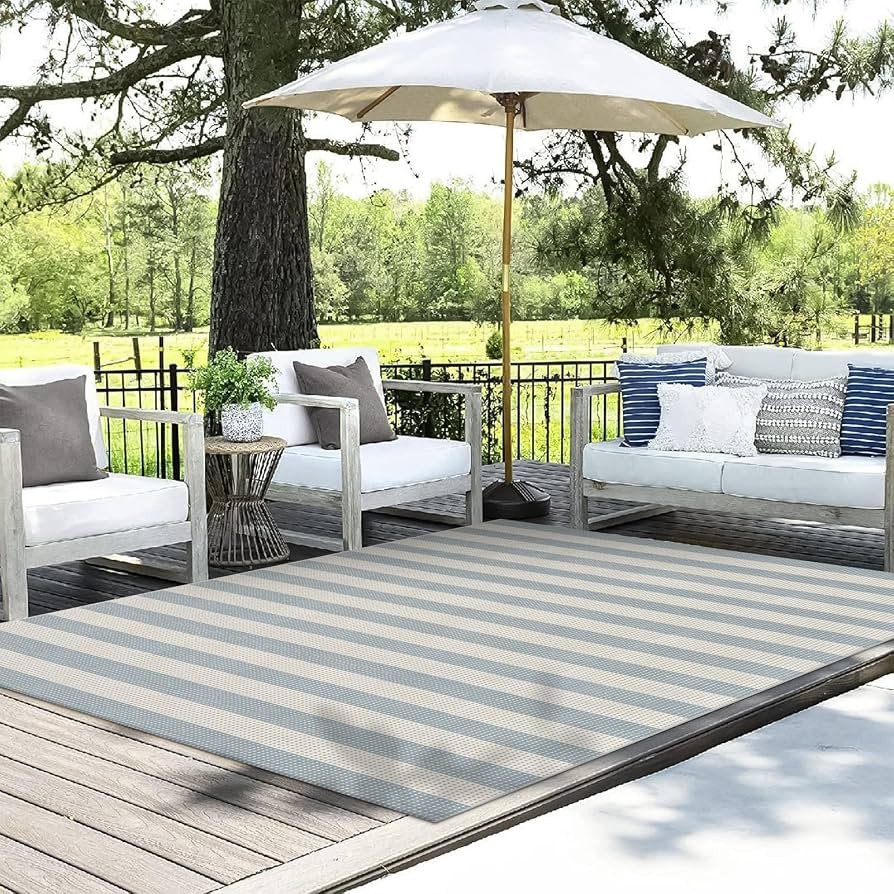 LEEVAN Outdoor Patio Rug 5x7 Striped Porch Mat, Washable Spring Balcony Rug Blue and White Backya... | Amazon (US)